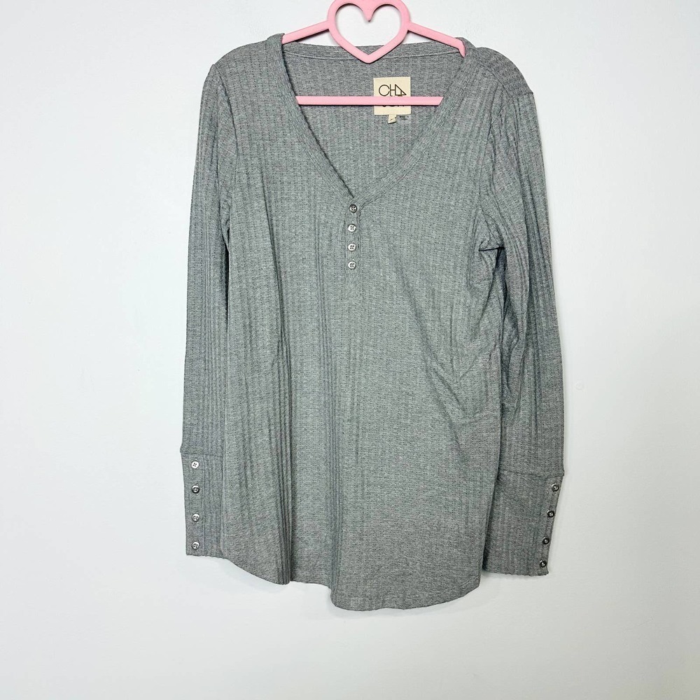 Chaser NWT Waffle Knit Thermal V-Neck Button Cuff Henley Top Gray Size Medium